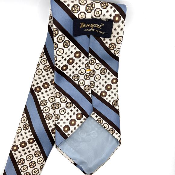 Tergal Imported Originals Mens Tie 54" Long - Blue Brown Floral -Stripe Poly - Picture 3 of 6